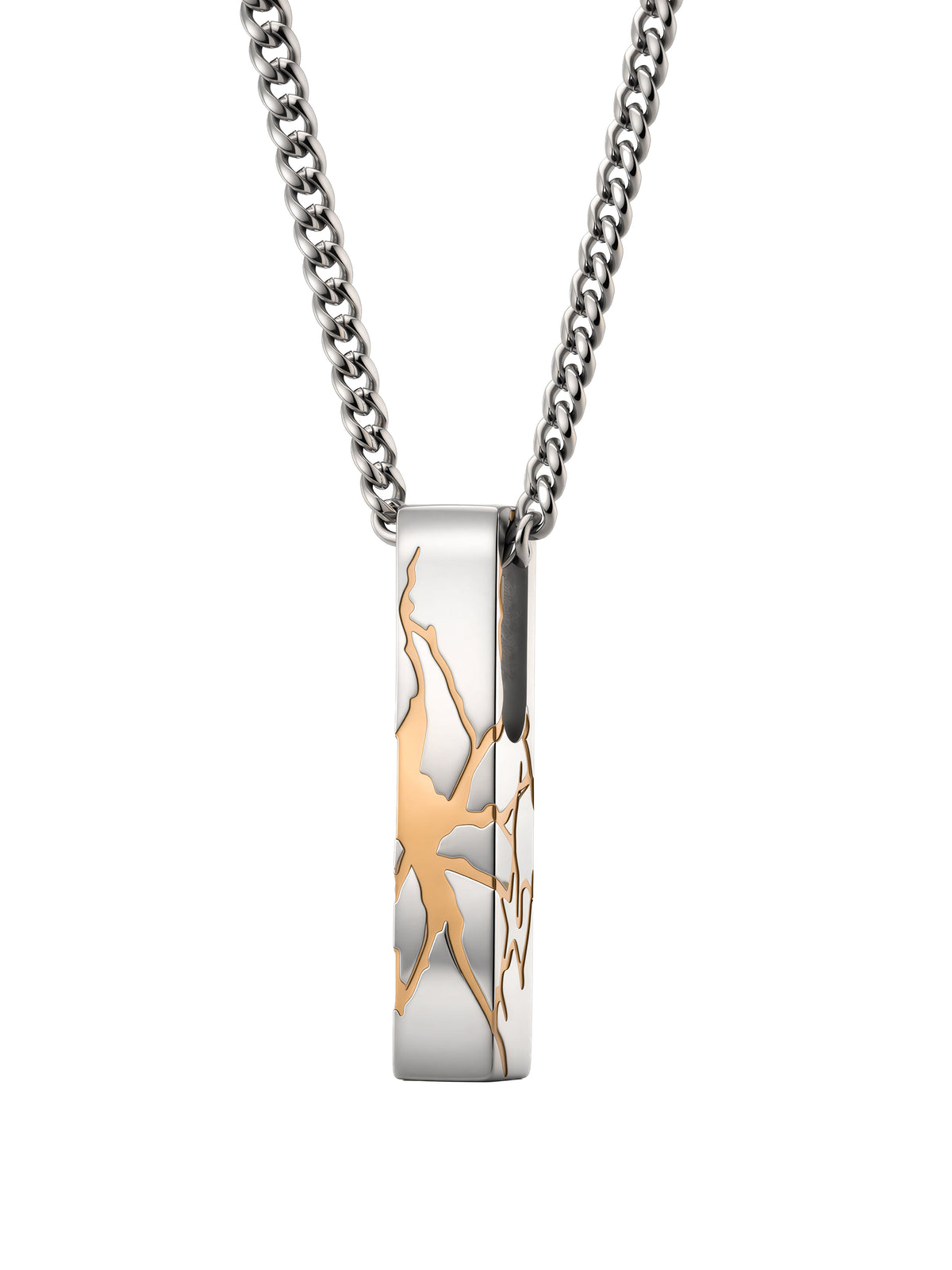 Kintsugi bar pendant in brushed steel with hand-applied 18k gold in the cracks