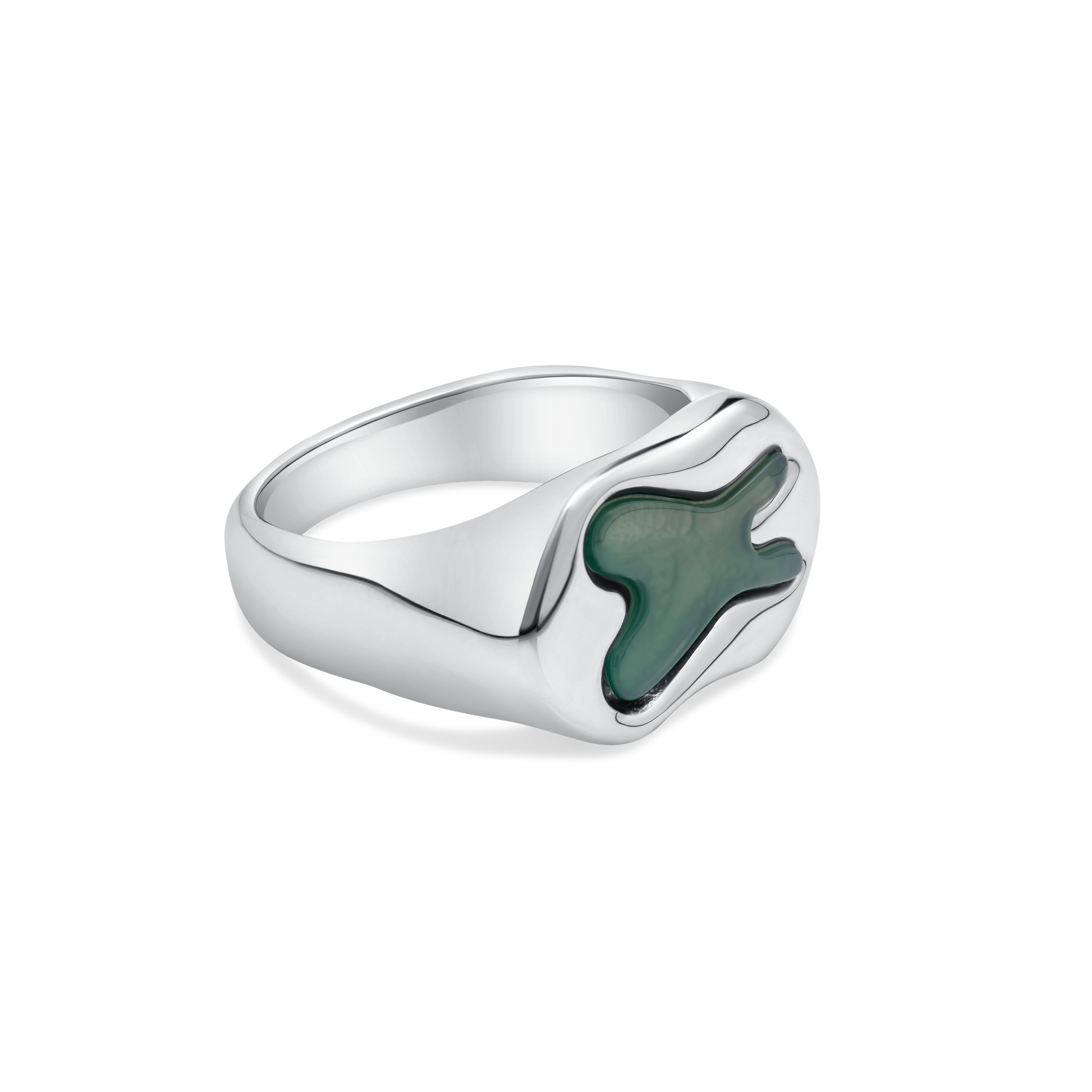 Luna Ring with luminescent green cabochon set into polished steel