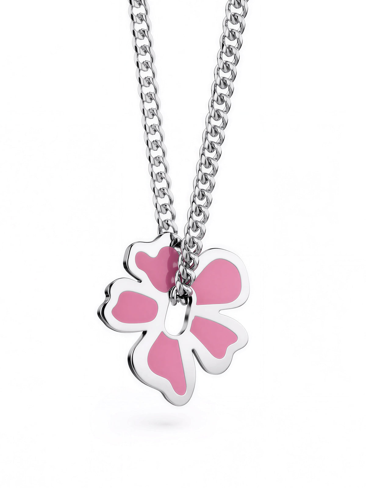 Petal pendant with hand-painted pink enamel front on a curb chain