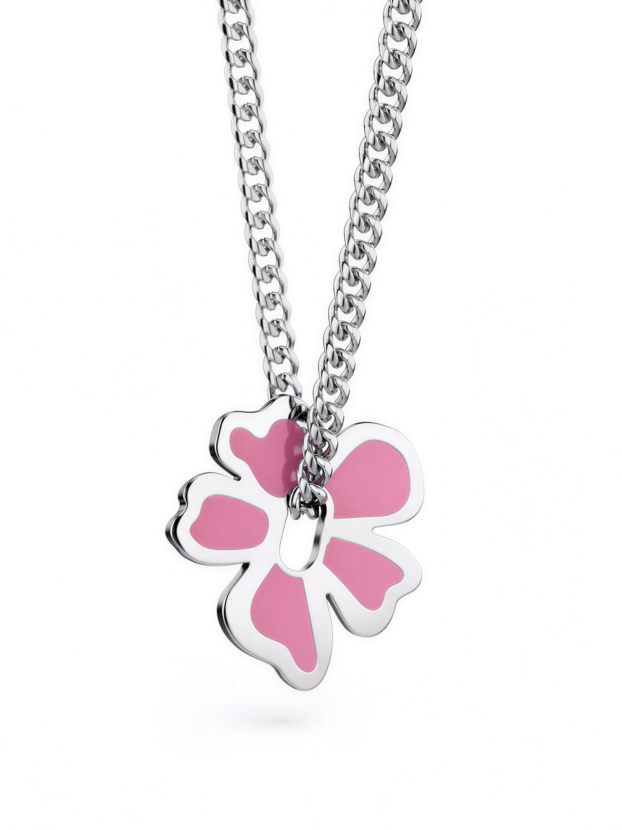 Petal pendant with hand-painted pink enamel front on a curb chain
