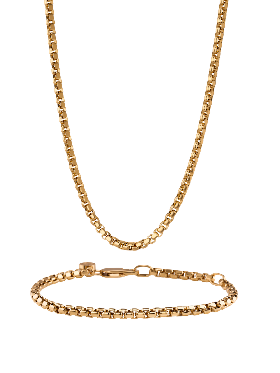Round Box Set in 18k gold, 3.0MM chain and 4.0MM bracelet