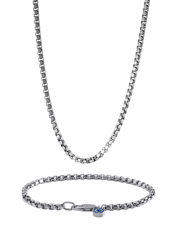 Round Box Set in polished steel, 3.0MM chain and 4.0MM bracelet