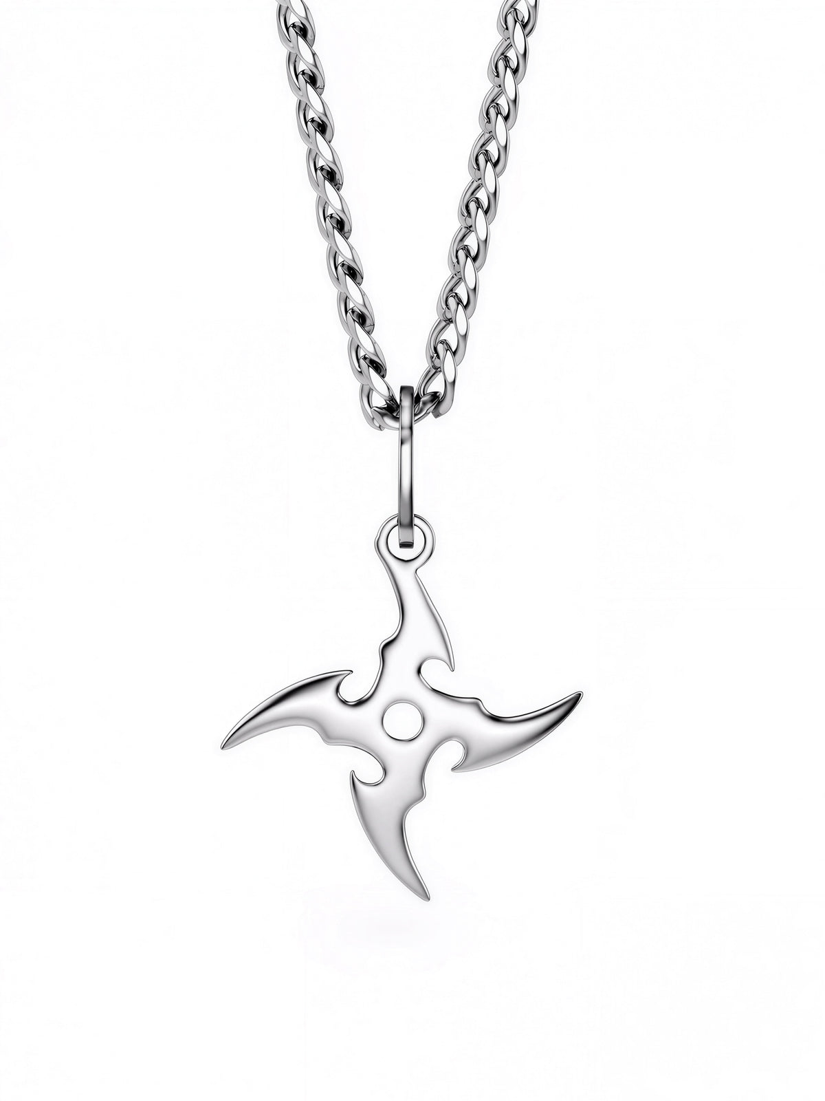 Shuriken pendant in polished steel on a curb chain
