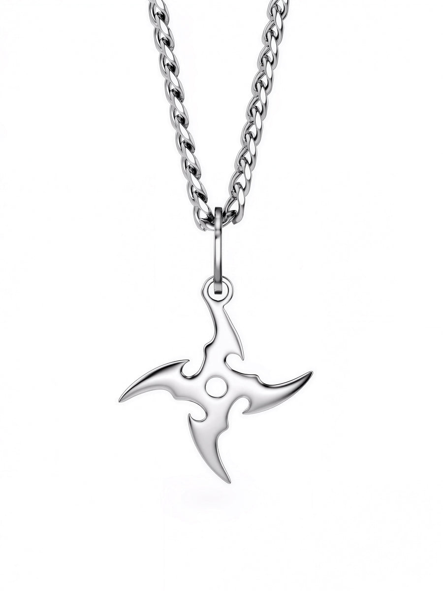 Shuriken pendant in polished steel on a curb chain