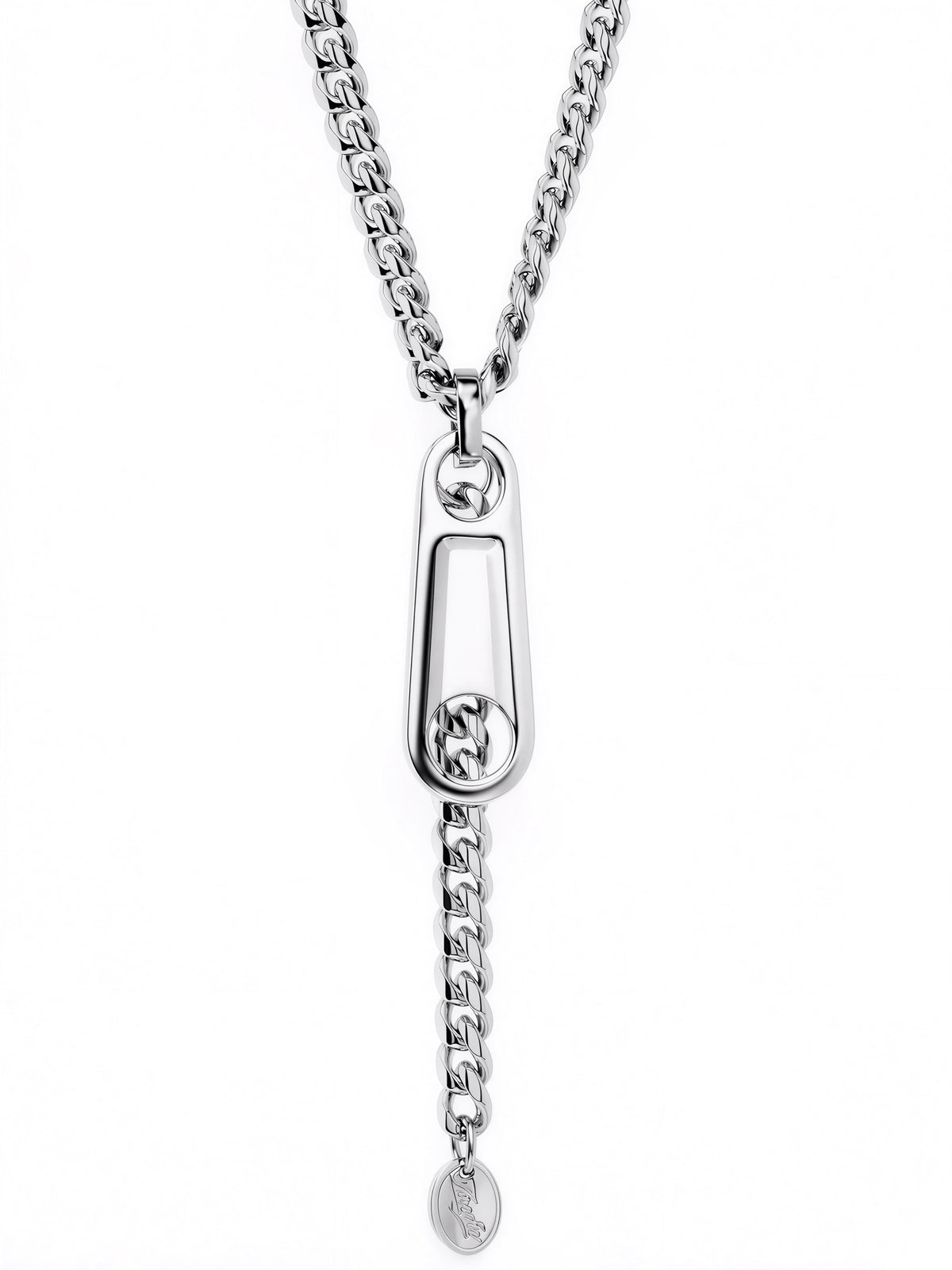 Zipper necklace with steel zipper pull and drop chain