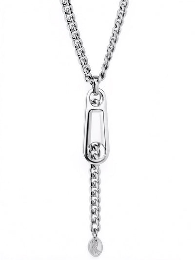 Zipper necklace with steel zipper pull and drop chain
