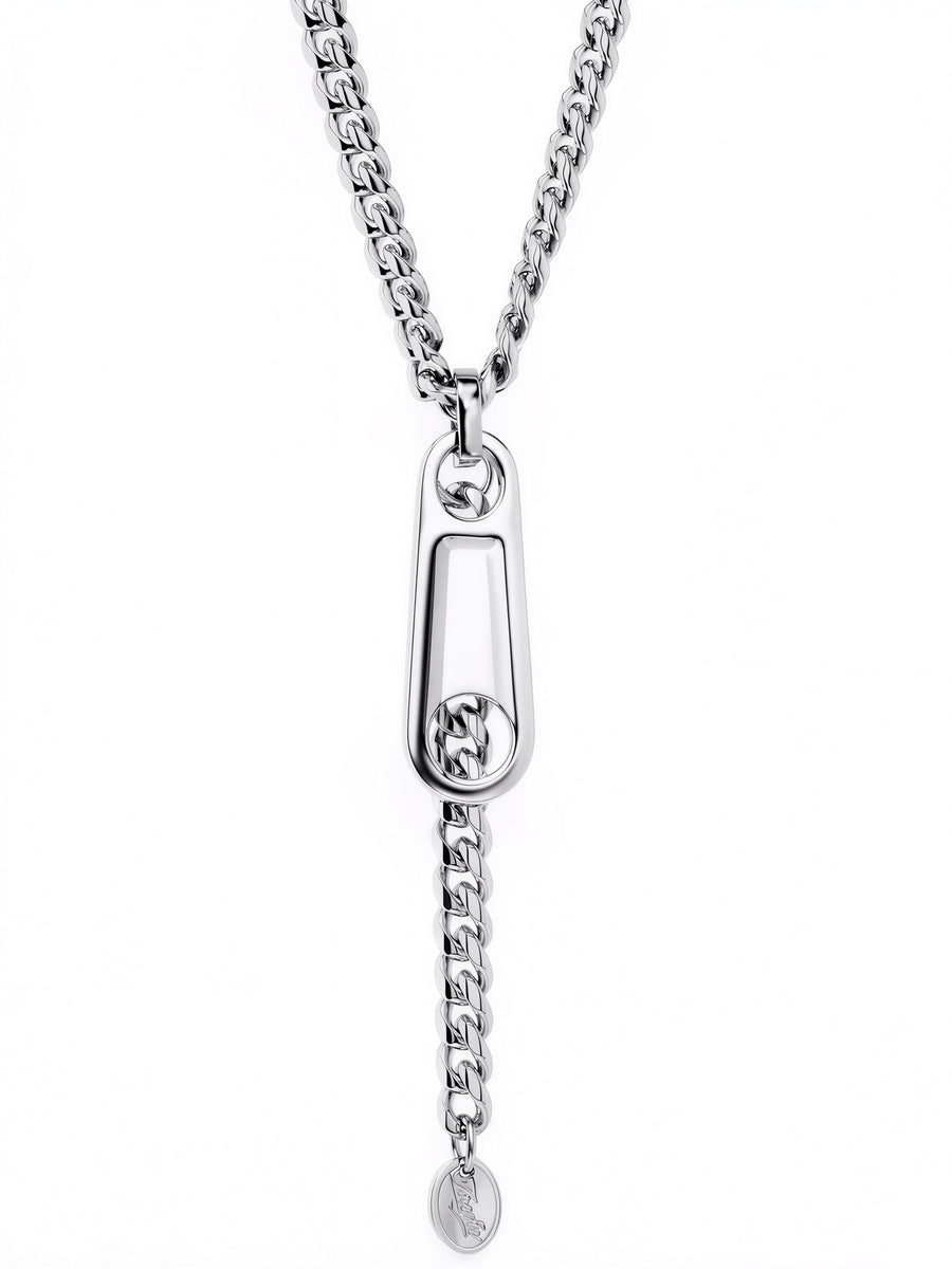 Zipper necklace with steel zipper pull and drop chain