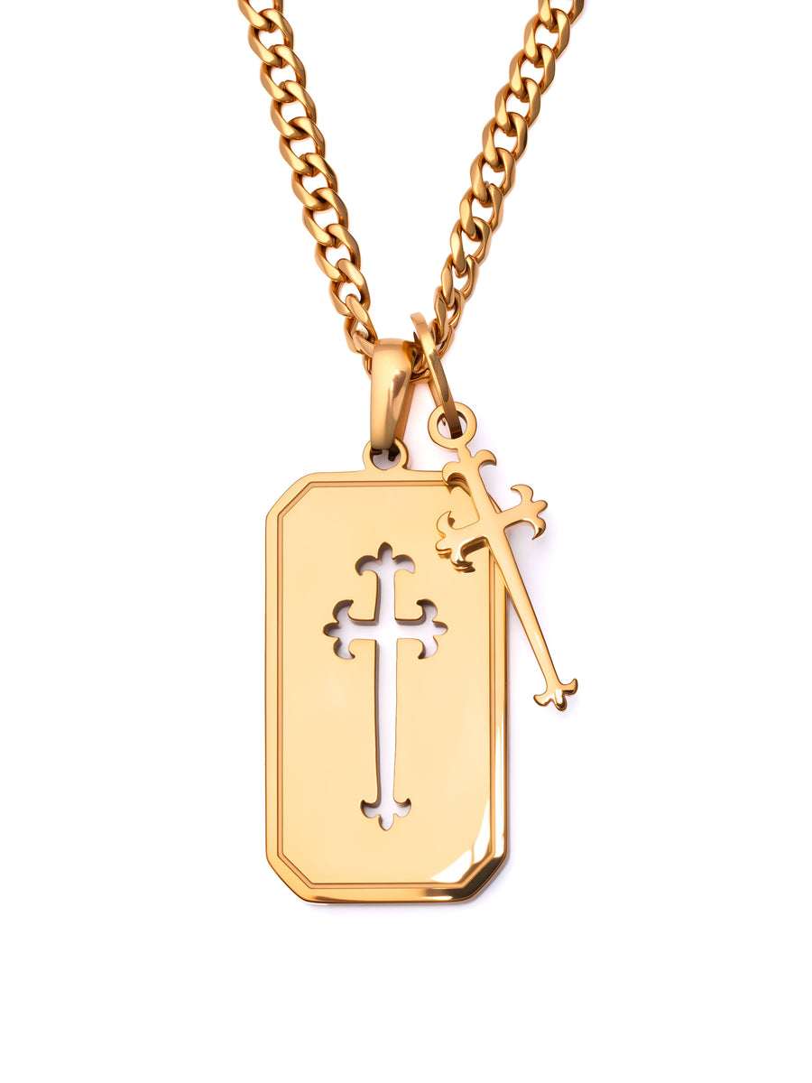 Cross Stack Necklace in 18K gold, two pendants on one chain