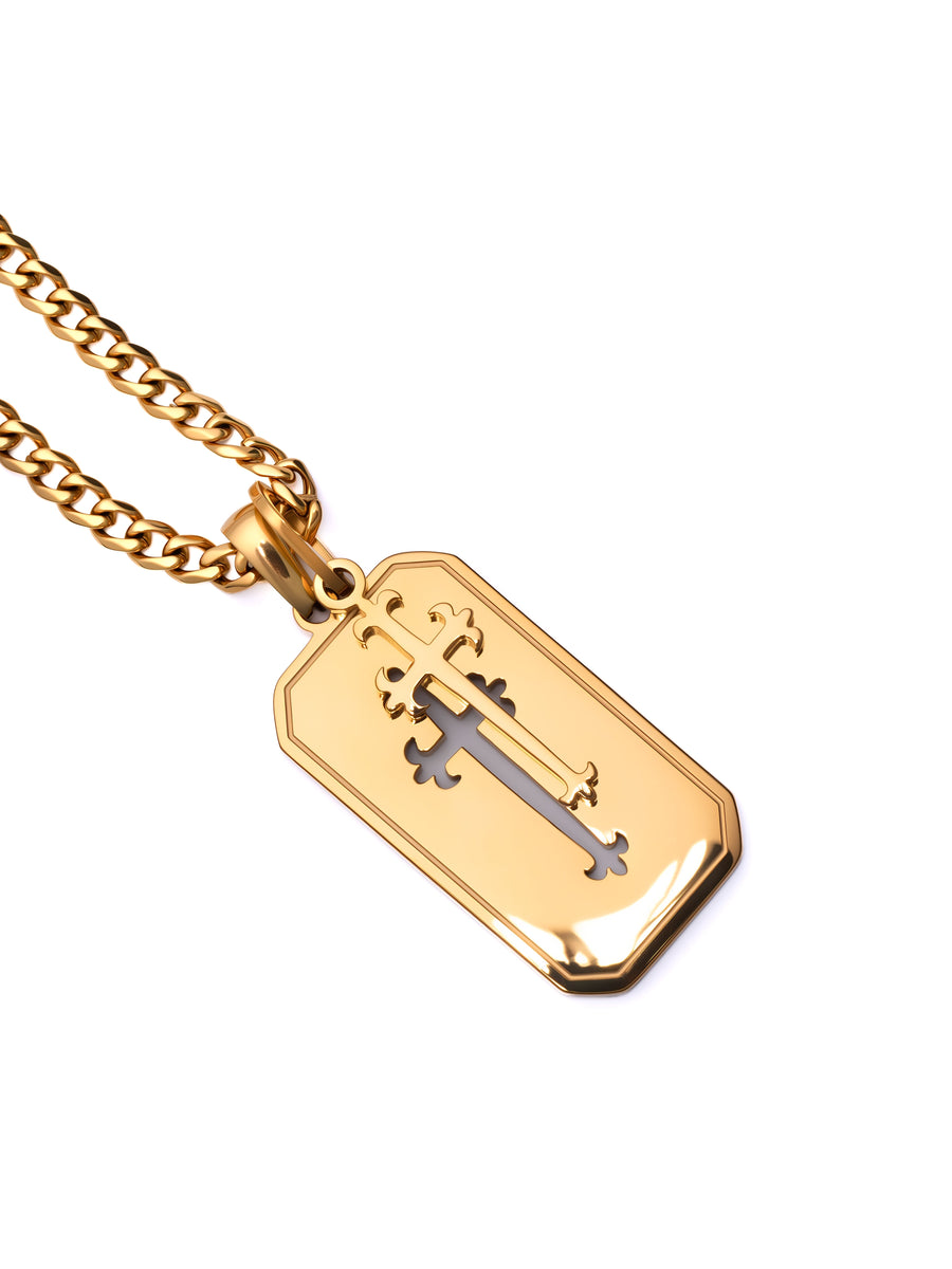 Cross Stack Necklace in 18K gold, angled detail