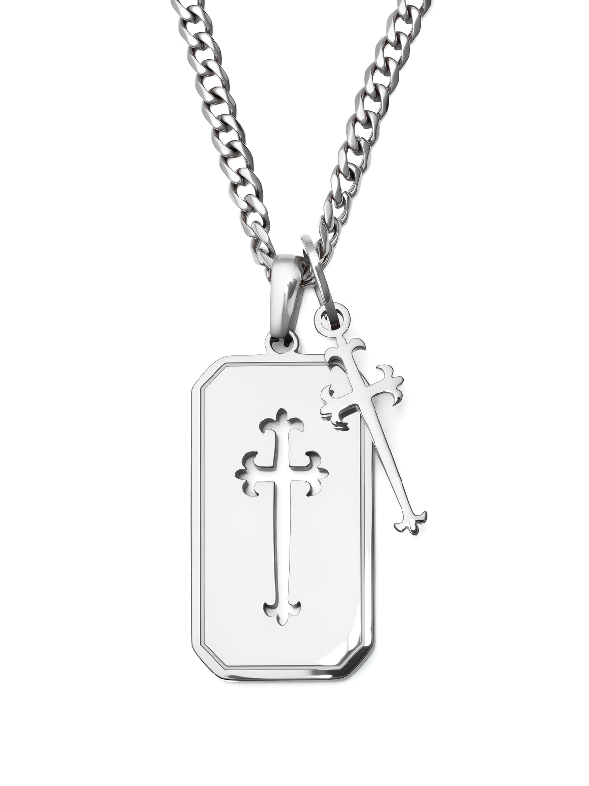 Cross Stack Necklace in polished steel, two pendants on one chain