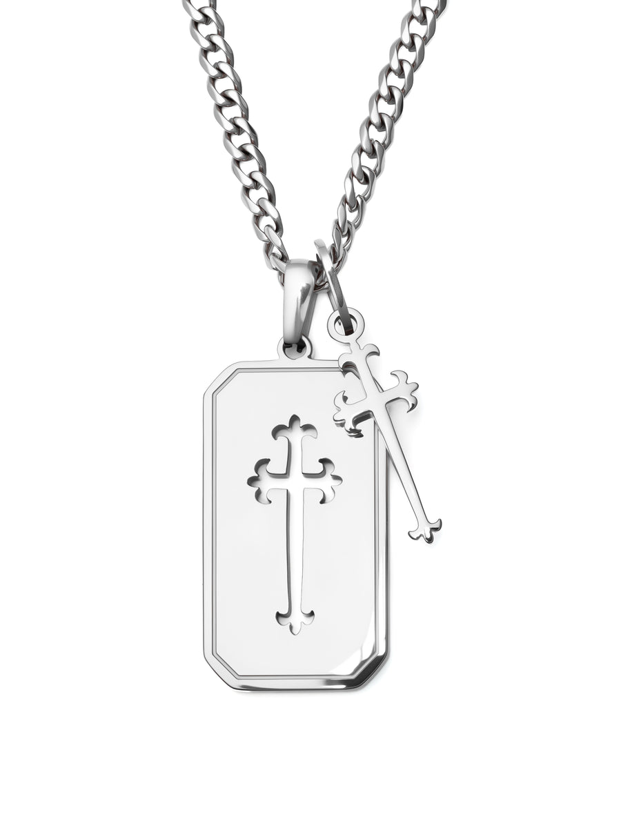 Cross Stack Necklace in polished steel, two pendants on one chain