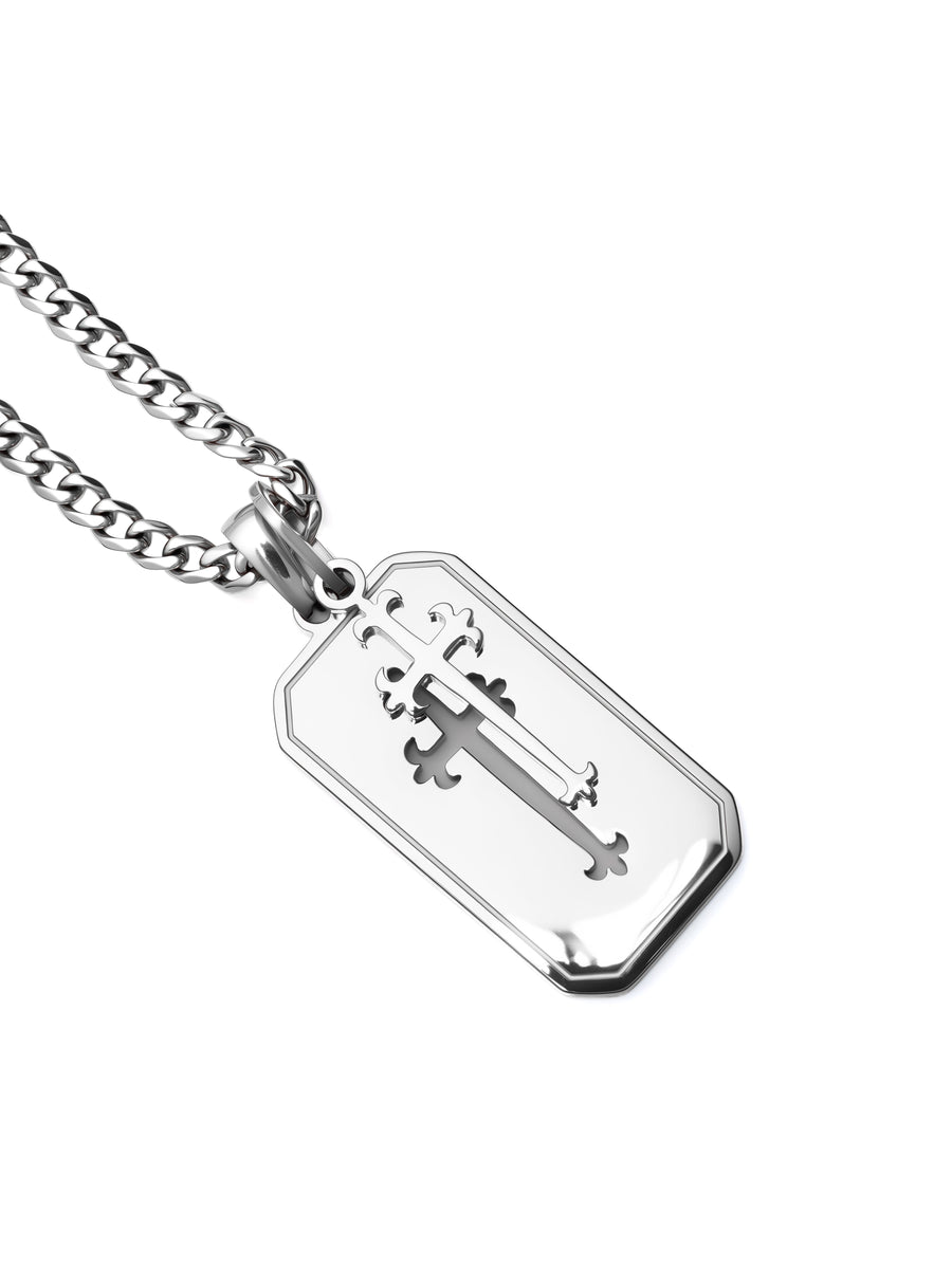 Cross Stack Necklace in polished steel, angled detail