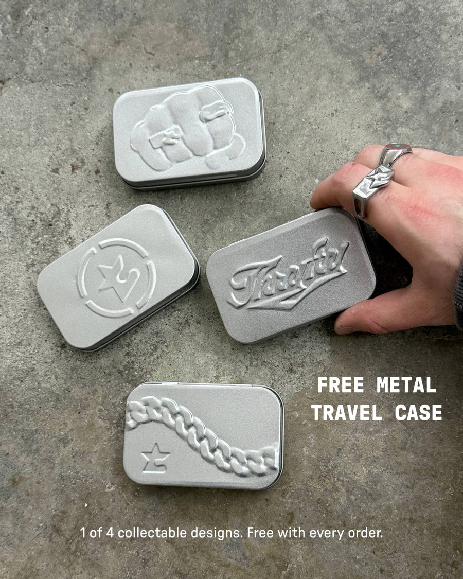 Free metal travel case with every order. 1 of 4 collectable designs.