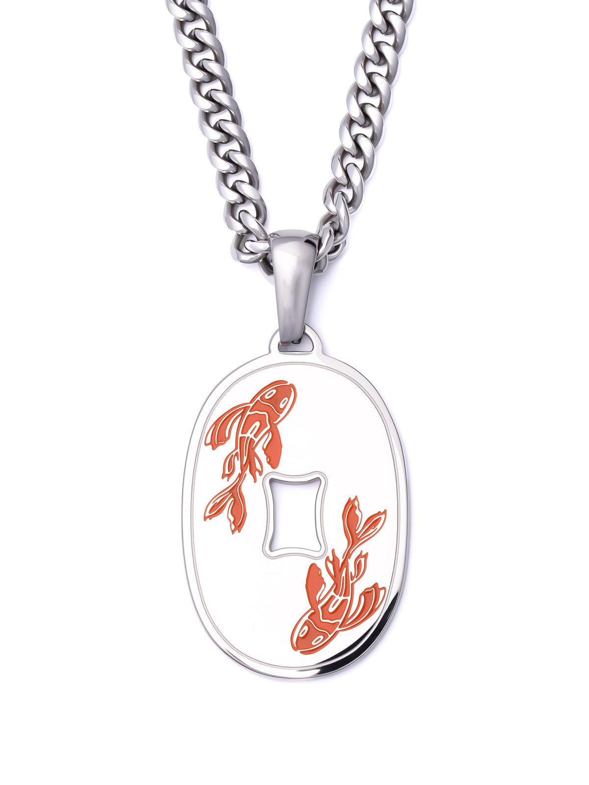 Koi Fish Necklace in polished steel on a 3.5mm curb chain