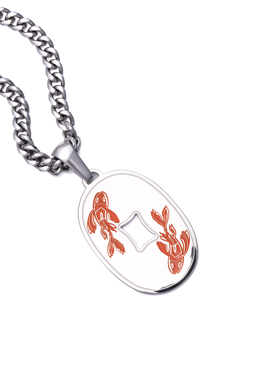 Koi Fish pendant detail with hand-painted orange enamel koi