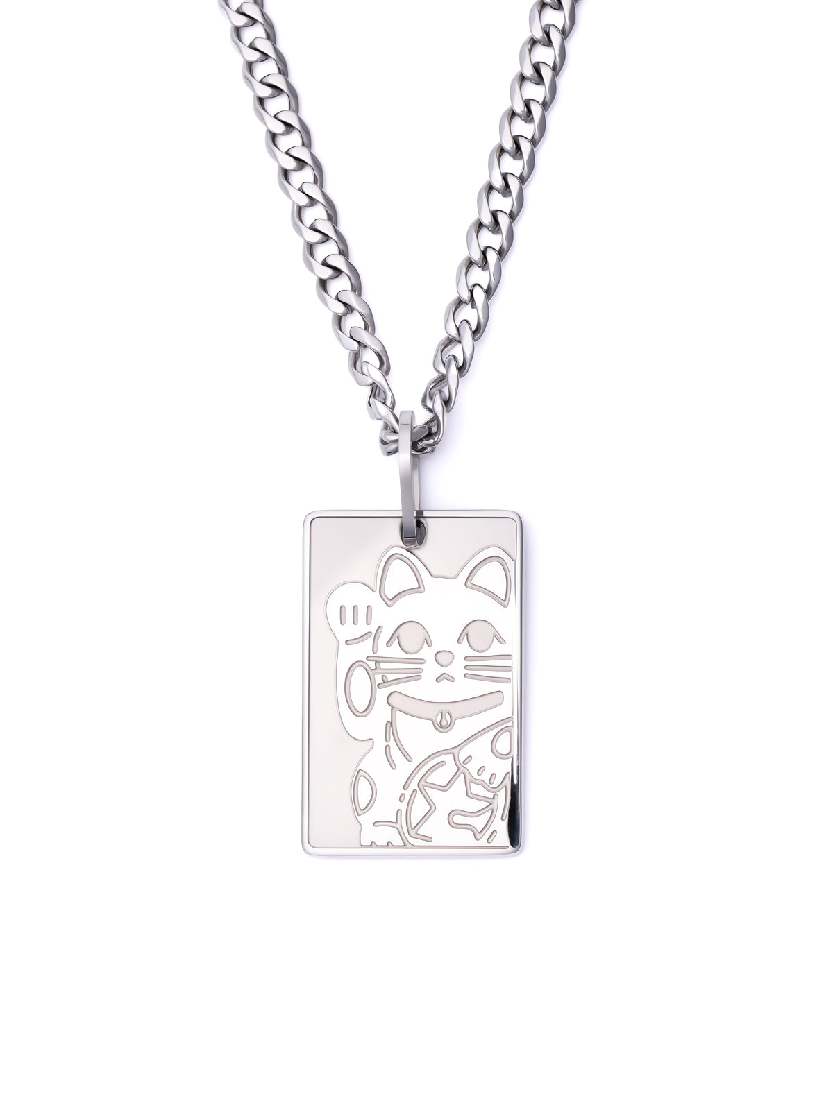 Lucky Cat Necklace in polished steel on a 3.5mm curb chain