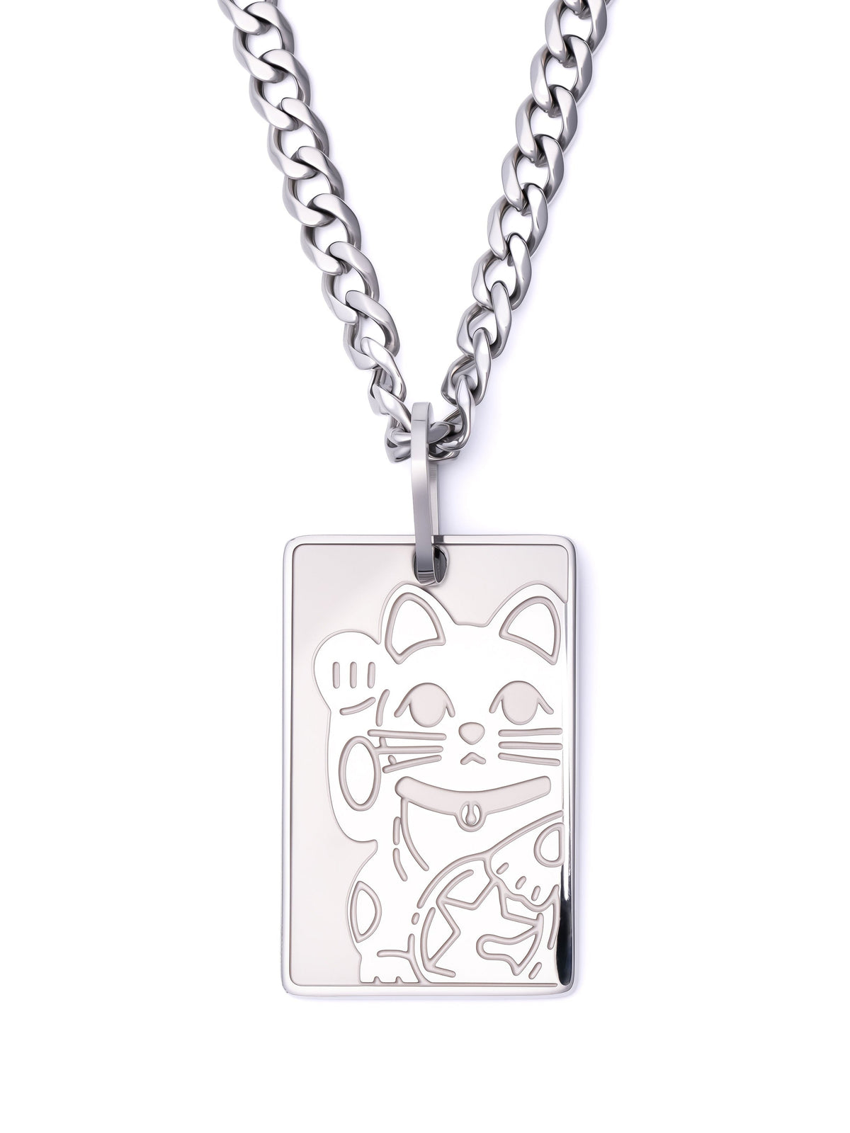 Lucky Cat Necklace in polished steel on a 3.5mm curb chain
