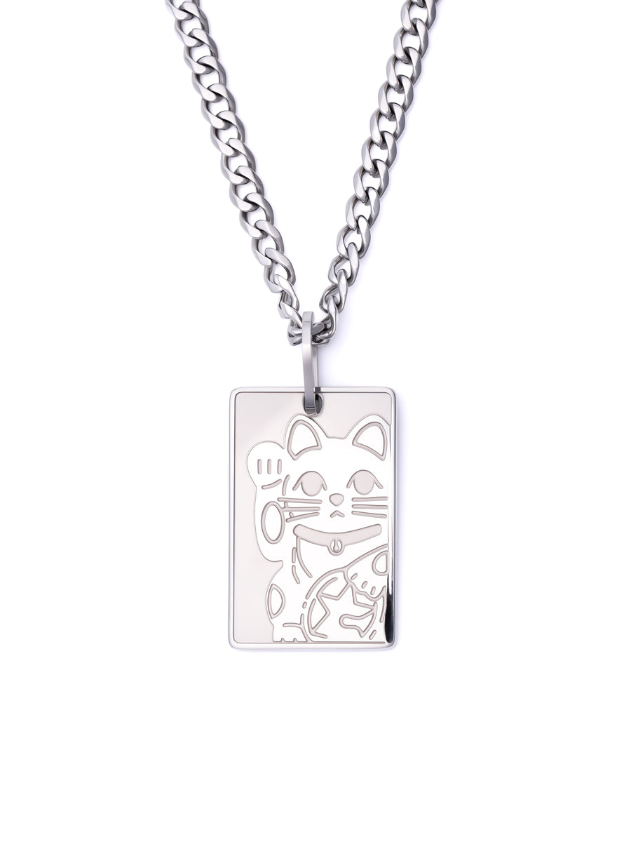 Lucky Cat Necklace in polished steel on a 3.5mm curb chain