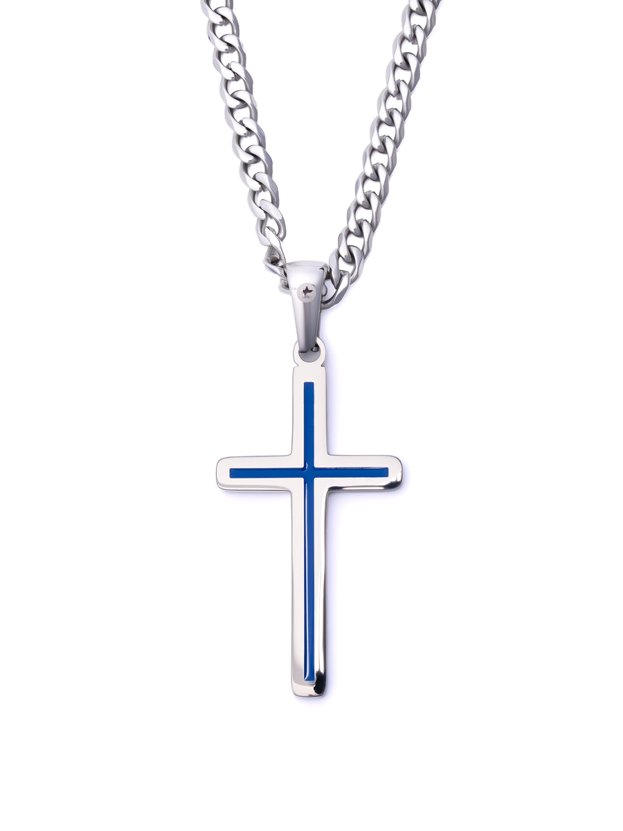 Minimal Cross Necklace reverse with blue enamel cross inlay