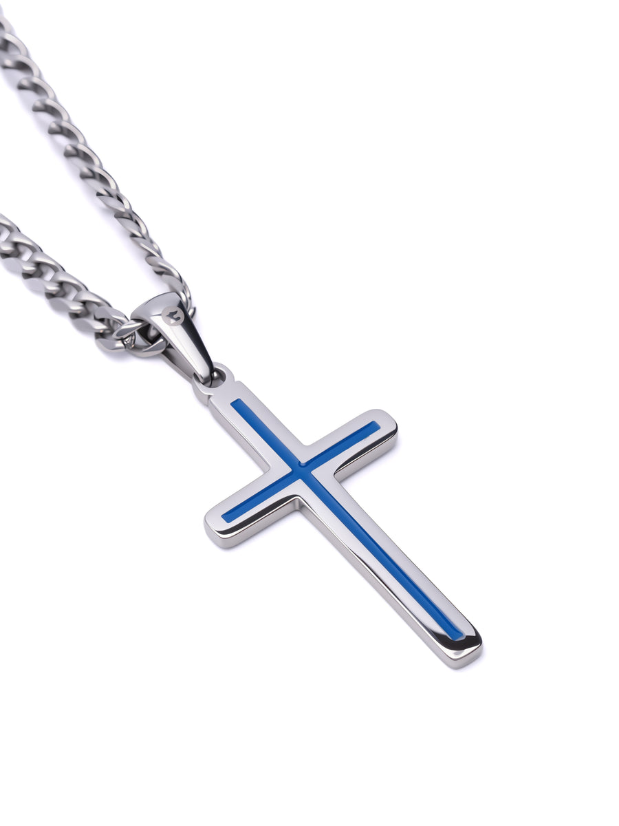 Minimal Cross Necklace in polished steel, side profile