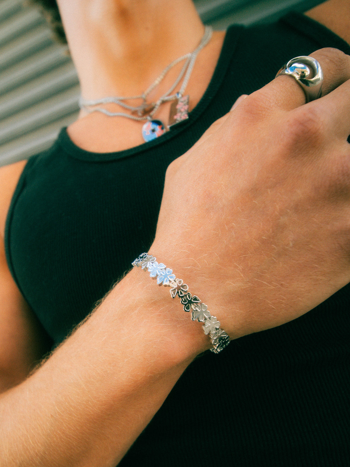 Petal Cuff worn on the wrist, alternate angle
