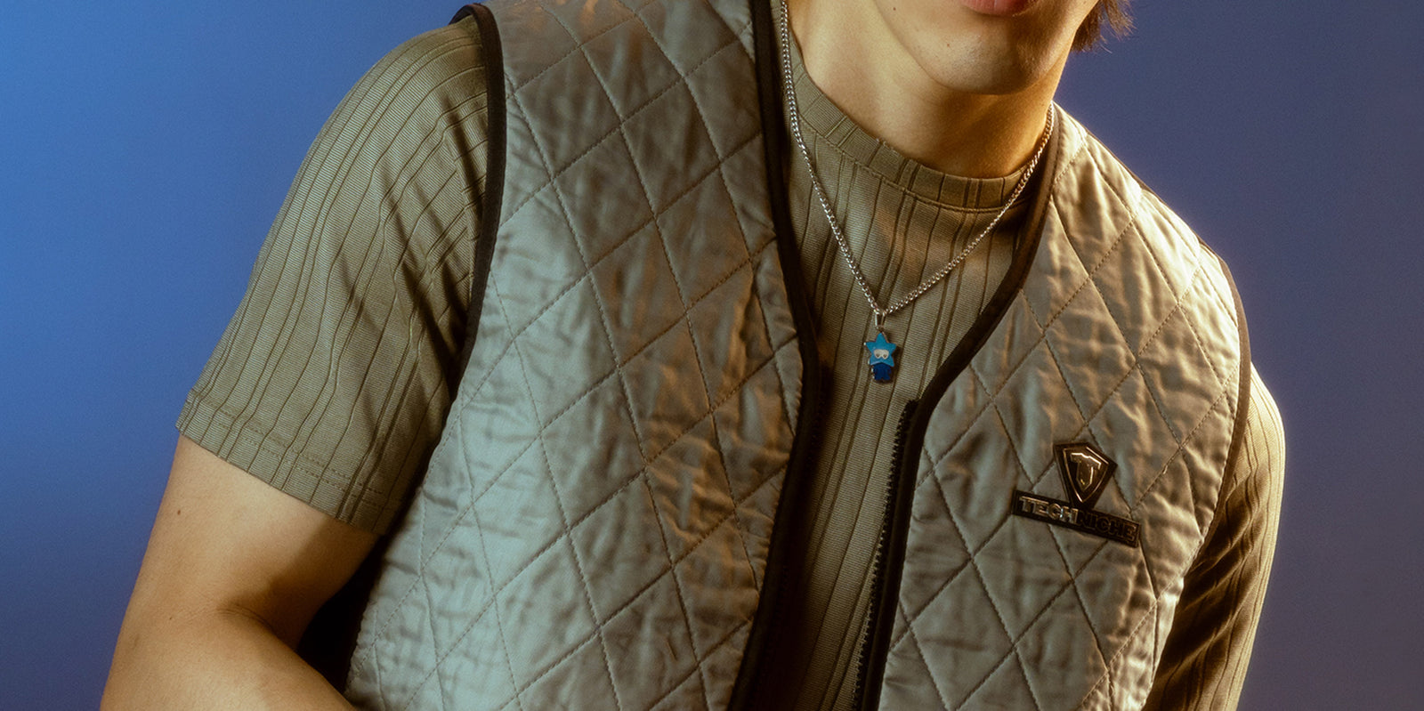 Star Boy Necklace Blue & Steel worn on model